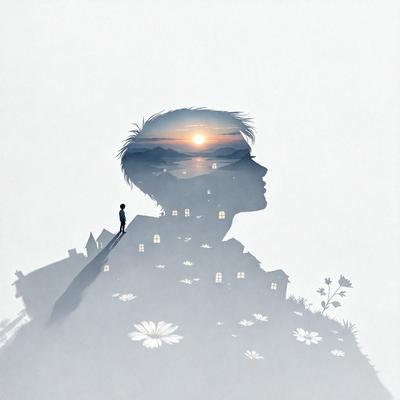 The primary subject of the image is a person, likely a man, with a backdrop of a sunset and a house. The setting appears to be a beach, as the person is walking along the shore. The visual style of the image is a combination of digital art and illustration, creating a unique and artistic representation of the scene. The colors and mood of the image are warm and serene, with the sunset casting a warm glow over the beach and the person enjoying the peaceful atmosphere.